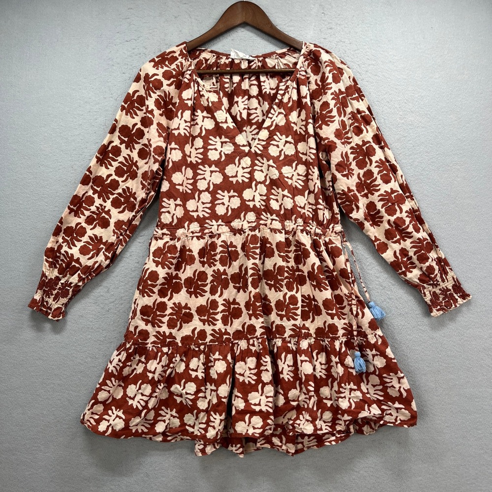 Omika Mini Dress Womens Medium Rust Floral Block Print Hippie Boho Tassel Tiered